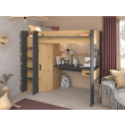 Hoogslaper 'Heavy' 90x200: eiken/grijs, met vaste trap, bureau, kast en opbergplank.