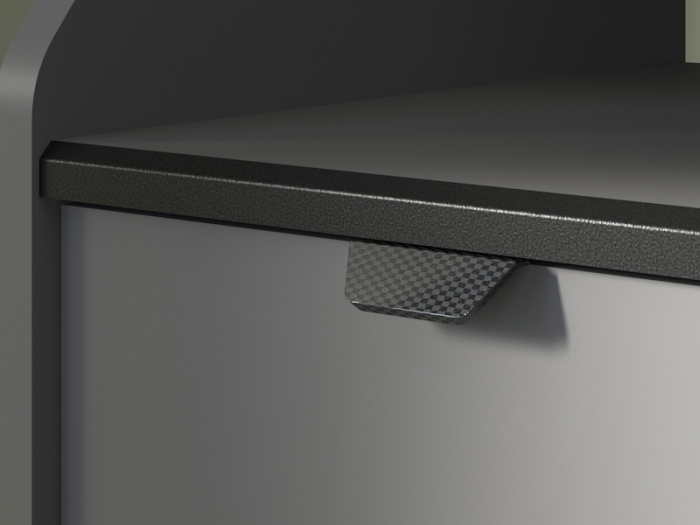 Opbergruimte links: lade en kast met deur in carbon-look handgreep voor het Parisot gaming desk.