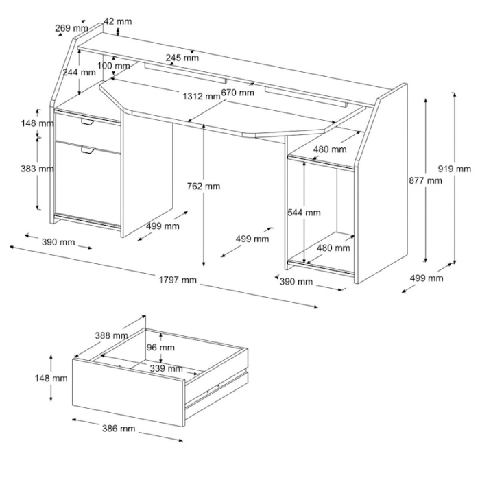 Afmetingen van de Game Bureau Set-up 180 cm, met stevige antracietgrijze constructie en hoge plank.