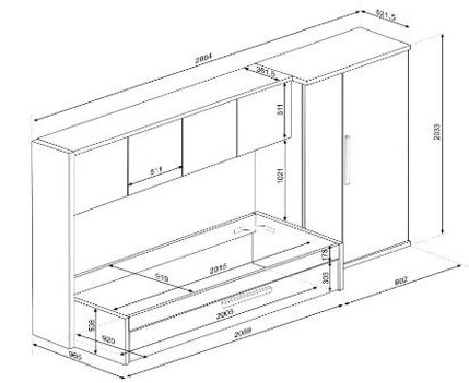 Afmetingen Eenpersoonsbed met bedlade en kast_Artik_6006_PSSlapen