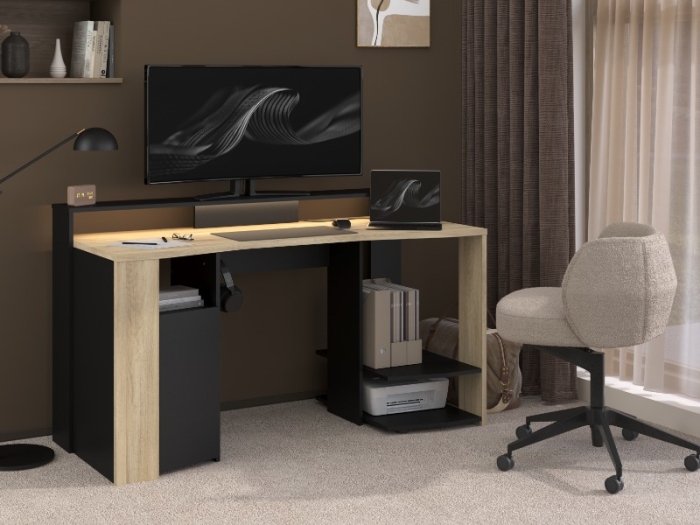 'Meta Gaming Bureau zwart met eikenlook en LED.