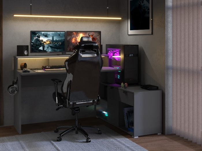 Hoekbureau Wortex Shadow Grey van Parisot. Modulair gaming bureau met LED-verlichting en opbergruimte.