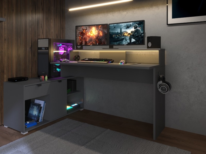 Stijlvol Wortex bureau in Shadow Grey. Het diepe bureaublad (60 cm) biedt ruimtelijk comfort voor gamen.