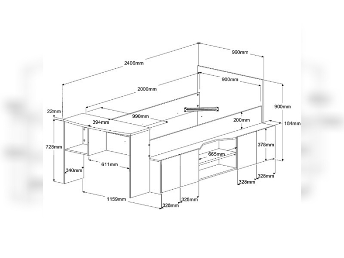 Afmetingen het kajuitbed Cleo 90x200. Toont het compacte design met gesloten bureau.