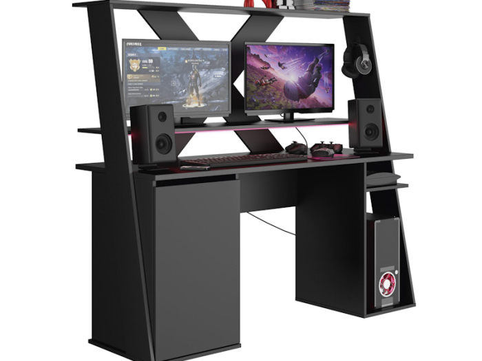 Close-up van de felle, instelbare LED-verlichting onder de monitor opbouw van bureau Axyon Diagone