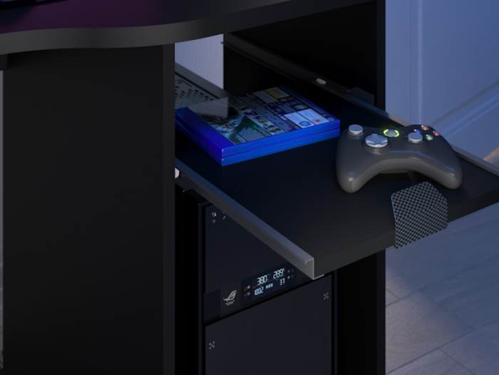 Speciale open ruimte voor de desktop PC-unit en uitschuifbare plank voor controllers.