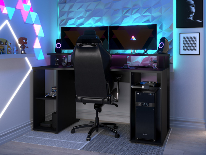 Zwart Parisot Level Gamebureau met LED-verlichting, royale monitorstandaard en opbergvakken.