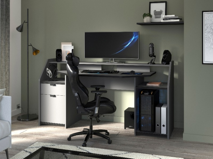 Game bureau set-up Parisot 180 cm met LED-strip en ruimte voor 3 schermen. Antraciet design voor de serieuze gamer.