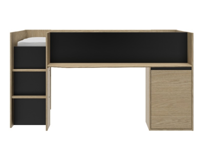 Detailbeeld van het geïntegreerde bureau en open opbergvakken van de halfhoogslaper zwart Nael.