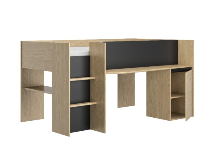 Gesloten en open opbergruimte met verstelbare plank onder de halfhoogslaper zwart Nael.