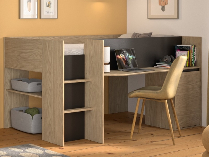 Halfhoogslaper Zwart Nael Eiken met Bureau en Opbergruimte