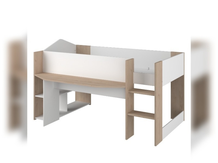 Ruimtebesparende halfhoogslaper Shelter met geïntegreerd bureau en ladder. Geschikt voor oudere kinderen (6+ jaar).