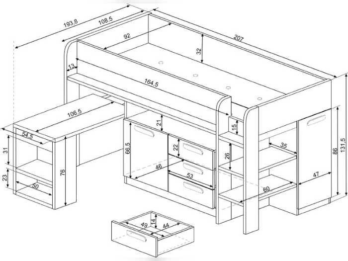 Afmetingen Halfhoogslaper Yolo Trasman