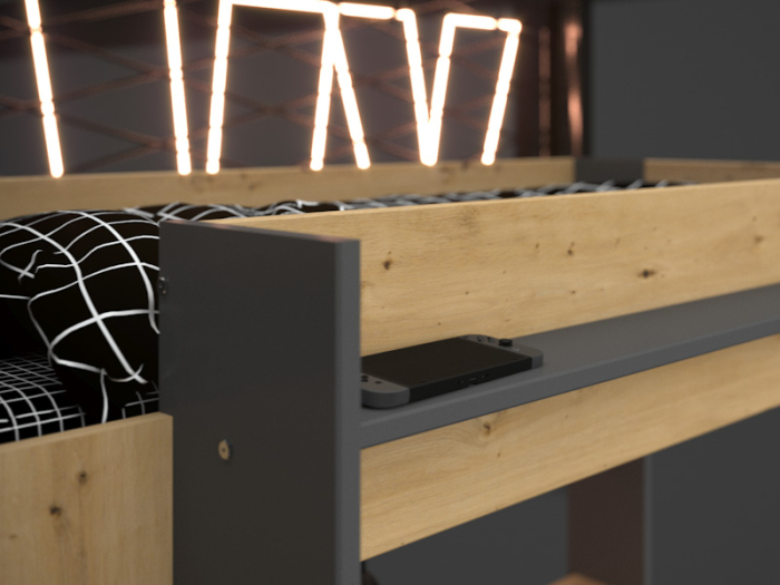 Close-up van het artisan eiken decor en grijze melamine afwerking van de hoogslaper 'Heavy'