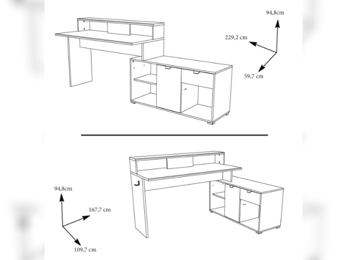 Schematische weergave met afmetingen van het Wortex hoekbureau. Controleer de maten voor uw setup.