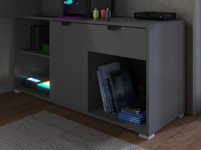 Opbergruimte van hoekbureau Wortex: praktische lade en discrete deur voor het netjes opbergen van gaming accessoires.