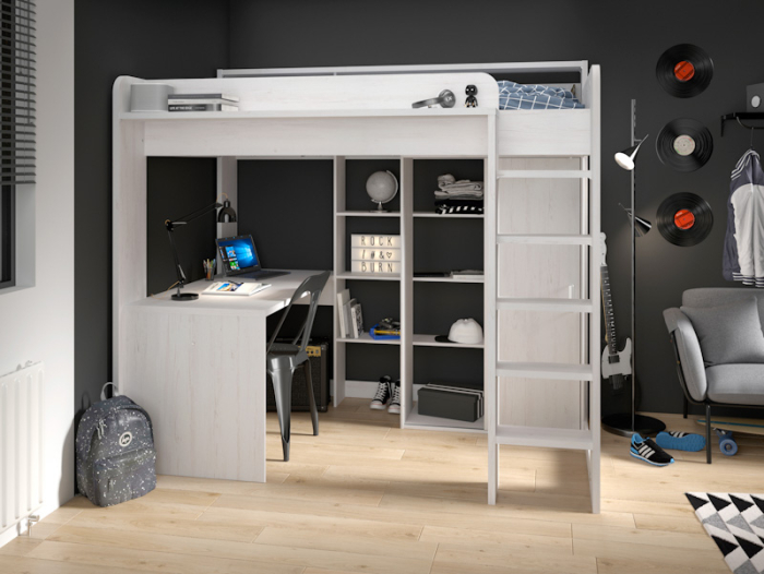 Complete overzicht Hoogslaper 'Higher' 90x200 in wit-essen met bureau, kast en diverse vakken.