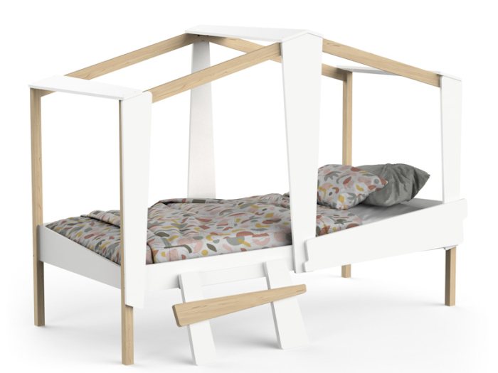 Wit Kinderbed Cabane 90x200 met dak en lattenbodem.
