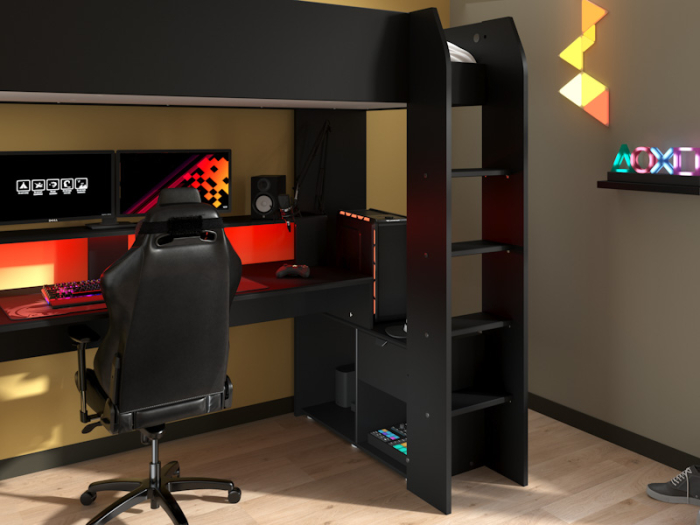 Hoogslaper Gamer Zwart met geïntegreerd bureau en LED-verlichting