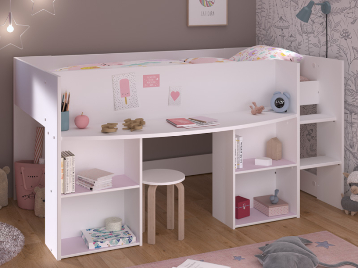 Halfhoogslaper Pirouette wit met bureau en omkeerbare roze grijze panelen.