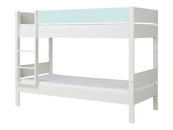 Manis-H Stapelbed Huxie wit met blauwe uitvalbeveiliging.