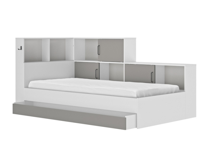 Tienerbed Erwann Wit-Grijs met opbergruimte