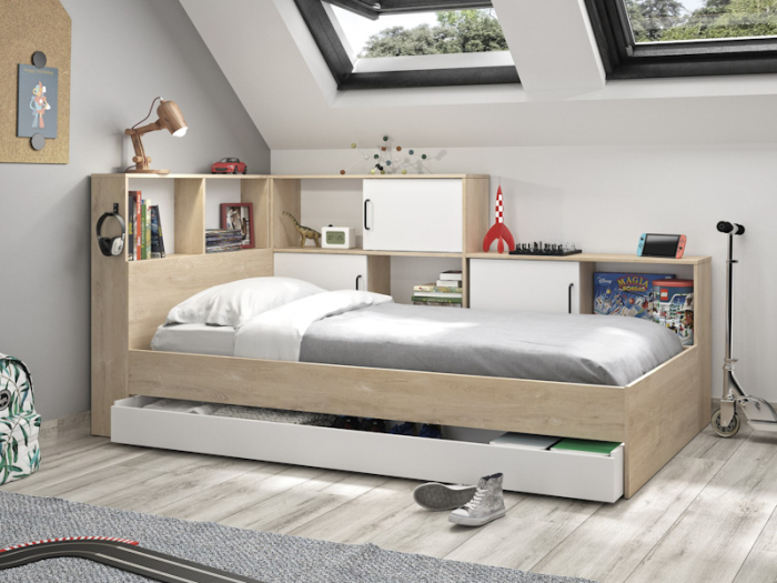 Modern wit tienerbed Erwann 90x200 met complete opbergruimte, lade en ingebouwde kastjes.