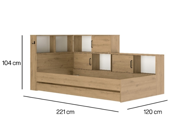 Technische tekening met alle afmetingen van het Erwann tienerbed Artisan Eiken.