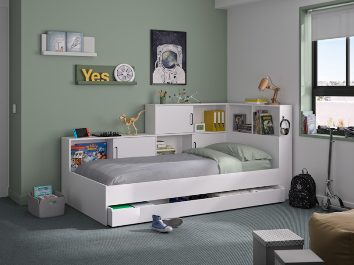 Tienerbed Erwann Wit met opbergruimte 90x200