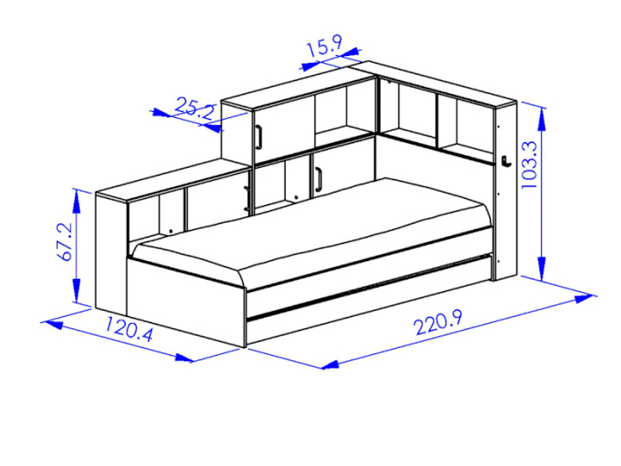 Detail van de afmetingen Tienerbed Tonight (eiken zwart look).