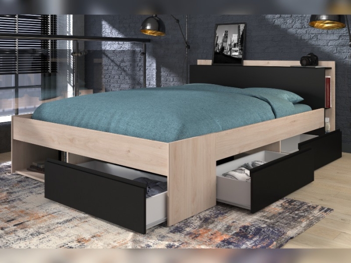 Tweepersoonsbed 140x200 met open opbergladen MOST Zwart Eiken PSSlapen.