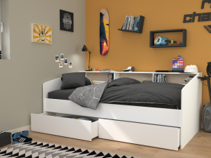 Twee witte opberglades van de Bedbank Sleep opengetrokken voor extra opslag onder het 90x200 bed.