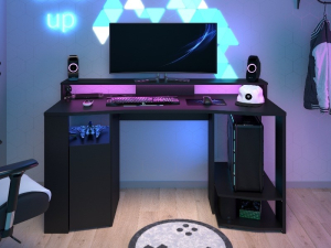Zwart gaming bureau met LED verlichting, plek voor twee schermen