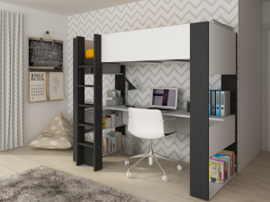 Moderne hoogslaper Twist Wit met Antraciet inclusief groot bureau en opbergvakken