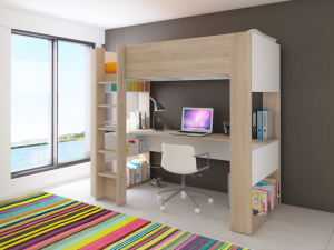 Hoogslaper Twist met bureau en veilige trap in lichteiken en wit voor tienerkamer