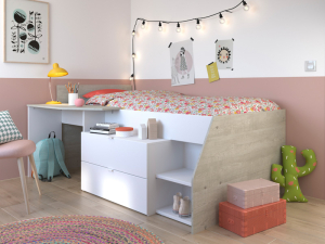 Kajuitbed Milky met bureau en lades – wit/grijs