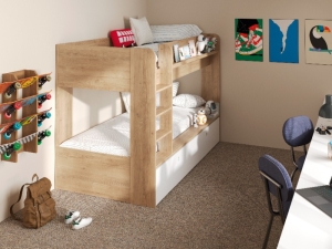 Stapelbed Matis in wit/blank kastanje, modern Scandinavisch design voor de kinderkamer met stevige ladder.