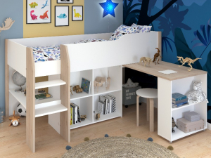 Halfhoogslaper Finland van PS Slapen in wit of eiken, inclusief bureau en opbergruimte
