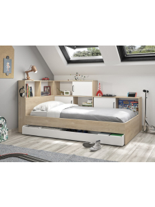 Modern wit tienerbed Erwann 90x200 met complete opbergruimte, lade en ingebouwde kastjes.